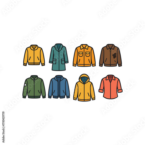 Diverse collection of stylish outerwear icons for fashion design and apparel concepts