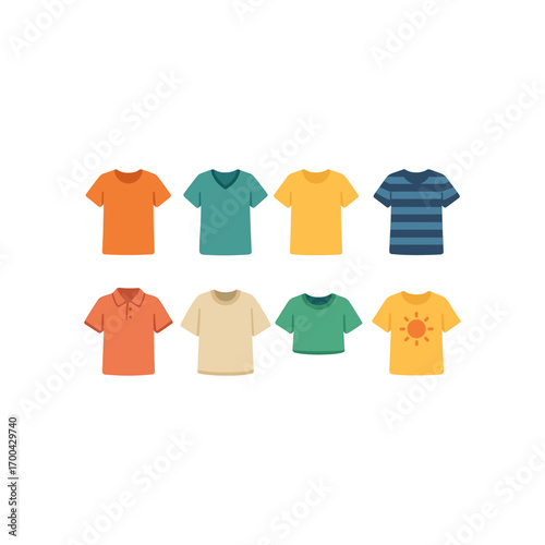 Collection of colorful t-shirts in various styles and designs for fashion concepts