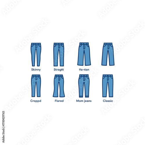 Variety of denim jeans styles for fashion design and clothing inspiration