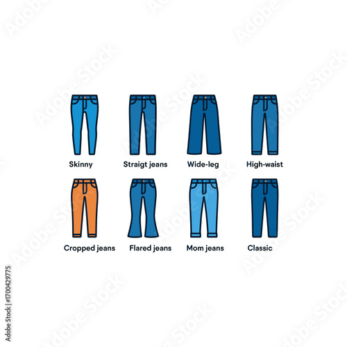 Variety of jean styles: skinny, straight, wide leg, high waist, cropped, flared, mom, classic for fashion design