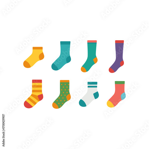 Colorful variety of socks design featuring stripes, dots, and solid patterns for fashion and apparel