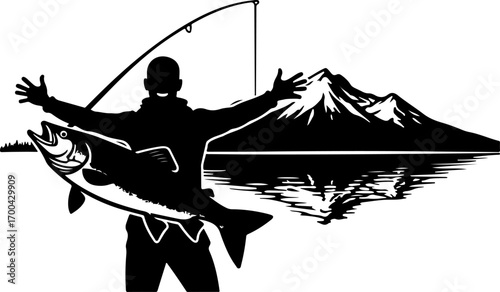 "Silhouette of Fisherman Celebrating Catch by Mountain Lake"