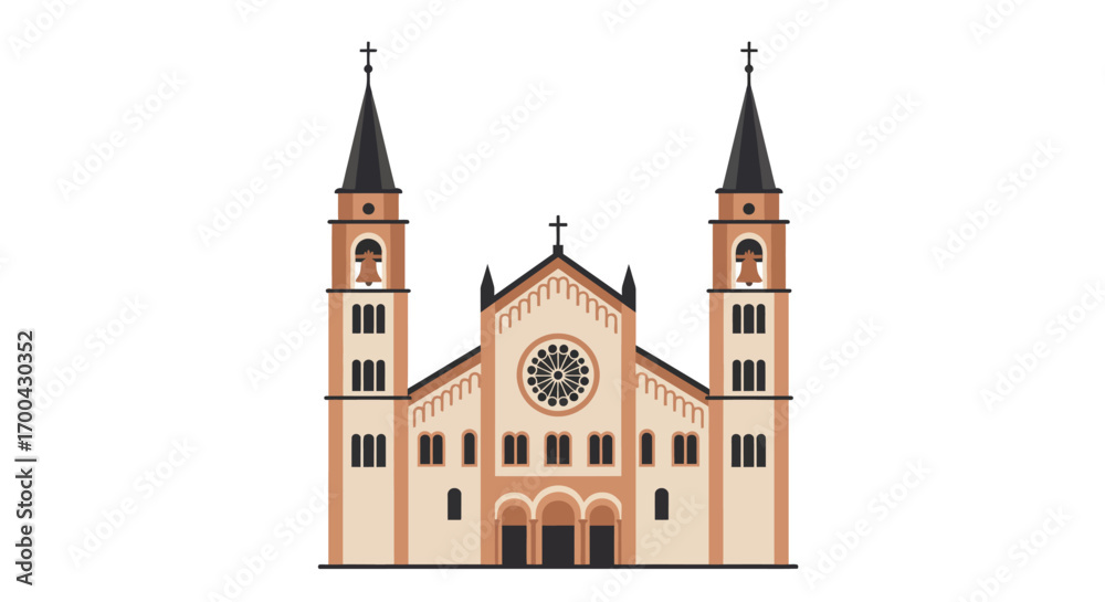 Obraz premium Illustrated Cathedral Facade with Twin Bell Towers and Rose Window.
