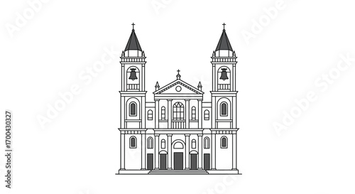 Detailed Line Art Illustration of a Grand Cathedral Facade.