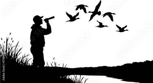 Silhouette of Hunter Using Duck Call with Flying Ducks"