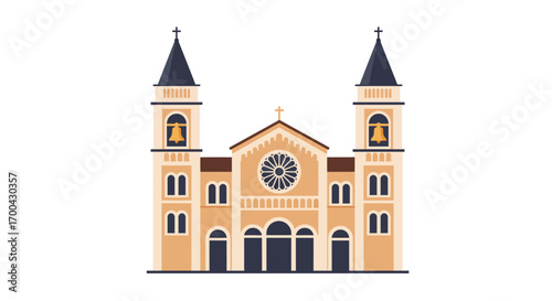 Illustrated Church Facade with Twin Towers and Rose Window.