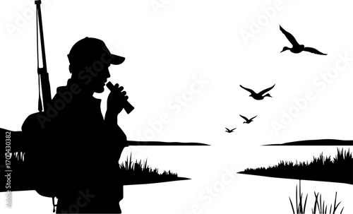 Silhouette of Hunter Using Duck Call with Flying Ducks"