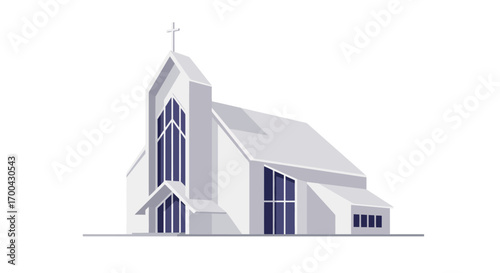 Modern White Church Building with Cross and Stained Glass Windows.