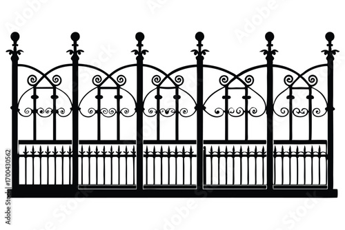 Ornate Black Wrought Iron Gate with Decorative Scrolls and SpearTopped Pickets Silhouette