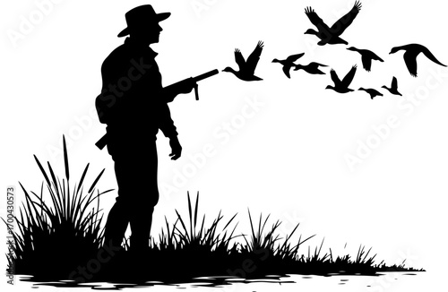 Silhouette of Hunter Using Duck Call with Flying Ducks"