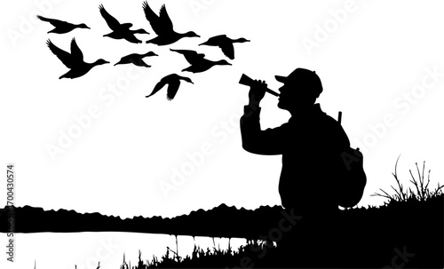 Silhouette of Hunter Using Duck Call with Flying Ducks"