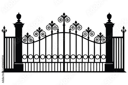 Ornate Iron Gate Silhouette with Spirals and Pillars, Elegant Entrance Design