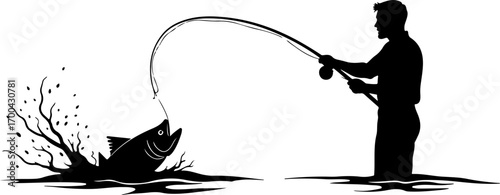 "Silhouette of Fisherman Celebrating Catch by Mountain Lake"
