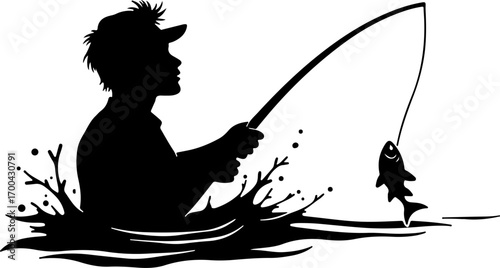 Silhouette of Fisherman Catching a Jumping Fish"