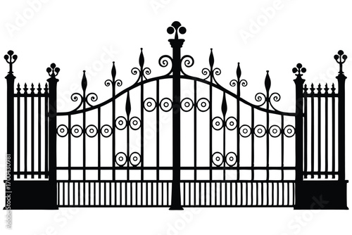 Ornate Iron Gate Silhouette with Decorative Scrollwork, Circles, and Vertical Bars Design