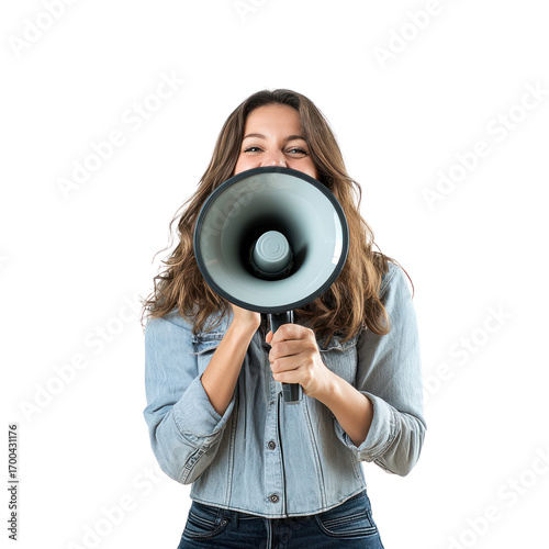 A woman holding a megaphone to her mouth, smiling and promoting something Energetic and engaging. full length isolate on transparent background