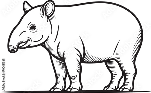 Black and white illustration of a tapir standing on a white background animal mammal