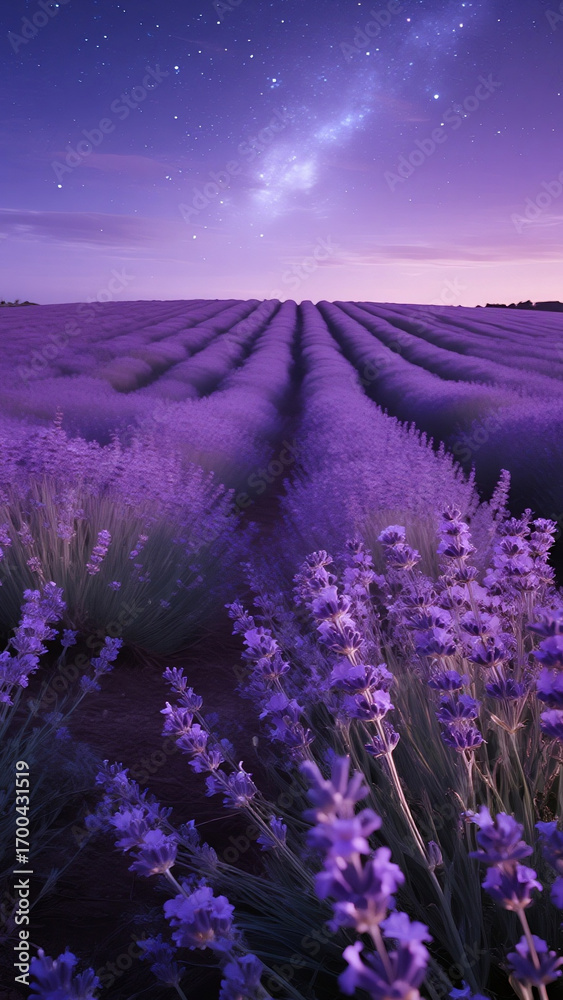 Obraz premium endless lavender fields glowing under a violet galaxy, stars cascading across the horizon