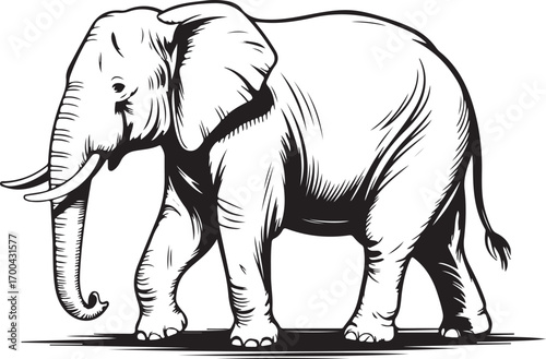 Black and white illustration of an African elephant walking on a white background animal mammal