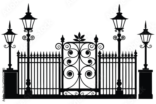 Silhouette of Ornate Gate with Decorative Ironwork and Street Lamps on Both Sides