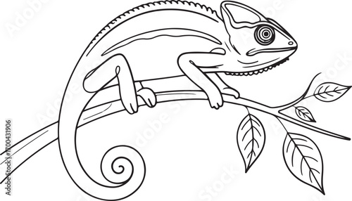 Black and white outline drawing of a chameleon perched on a branch reptile lizard