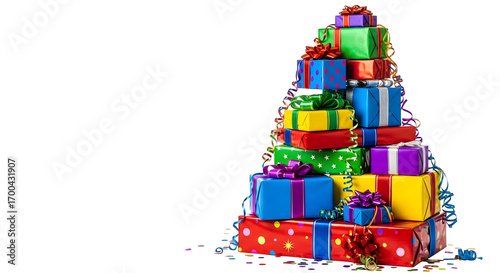 Colorful gift stack presents vivid, festive holiday celebration imagery for product photography, branding, and Christmas social media