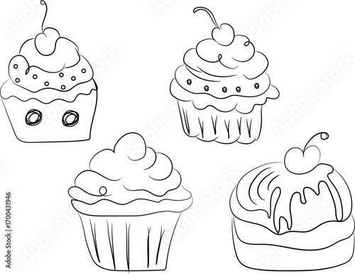 A cute set of vector birthday cupcakes with seamless chocolate and cherry patterns