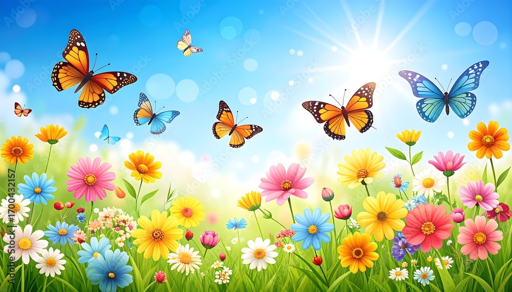 Vibrant flowers and butterflies fill a sunny meadow against a bright blue sky. Vibrant flowers and butterflies fill a sunny meadow against a bright blue sky.