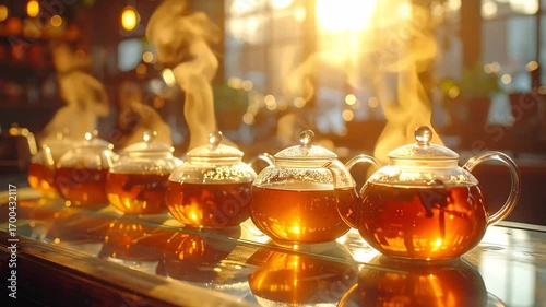 Steaming Tea Pots: A Row of Golden Brews