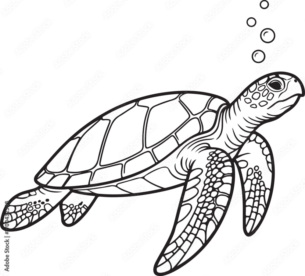 Fototapeta premium Sea Turtle Swimming Underwater with Bubbles Line Art Keywords: sea turtle, marine, animal, ocean, sea