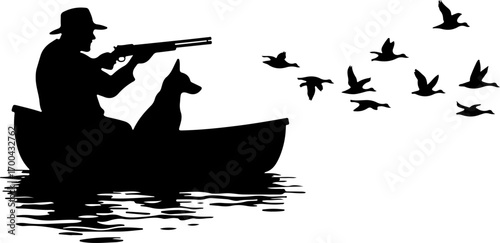 "Silhouette of Hunter in Boat with Dog and Ducks"