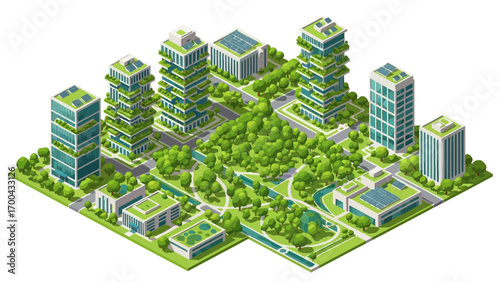 Isometric vector illustration of a sustainable city with green buildings, solar panels and urban park landscape