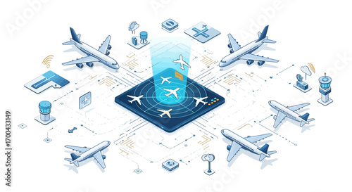 Airport traffic control isometric vector illustration with airplanes on radar screen, runway, tower, and weather station