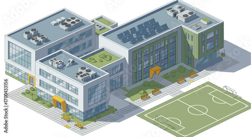 Isometric modern school building illustration with soccer field, solar panels, and roof gardens