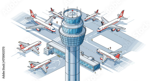 Airport isometric vector illustration: Airplanes near control tower, taxiing on runway.