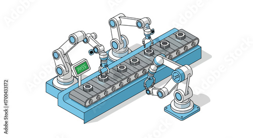 Robotic arms assembling parts on conveyor belt, automated manufacturing process, isometric vector illustration