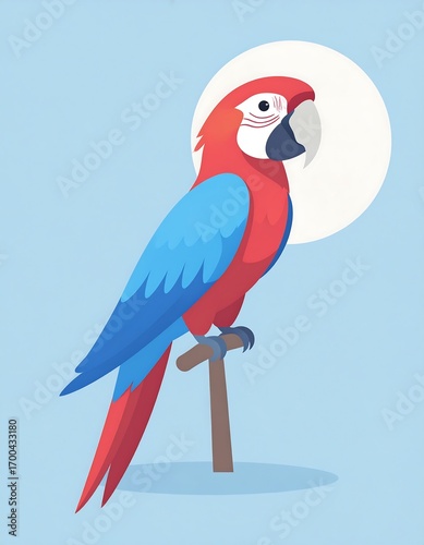 A vibrant macaw perches on a simple wooden post against a soft light blue background.