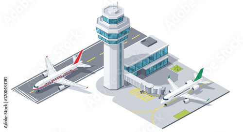 Isometric airport scene: airplanes at terminal with control tower, vector illustration