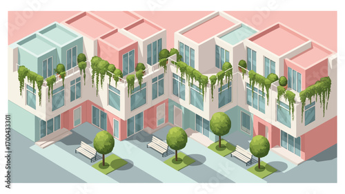Isometric vector illustration of modern pastel-colored townhouses with rooftop gardens and benches