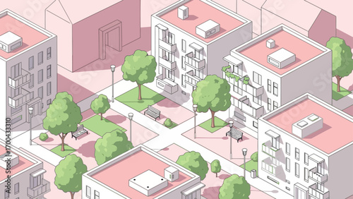 Isometric vector illustration of urban residential area with buildings, parks and trees in pastel colors