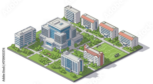 Isometric Vector illustration of a campus with educational buildings, green spaces, and a sports field