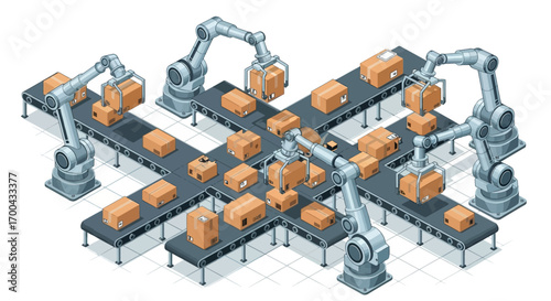 Isometric vector illustration: Robotic arms automate package handling on conveyor belts in a modern factory.