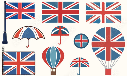 British Icons Clipart – Union Jack Flags, Umbrellas, Tea, Crowns  Hot Air Balloons Illustrations