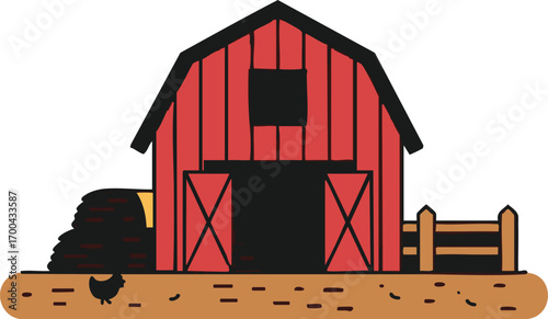 Farmhouse Vector Illustration with Red Barn Chicken and Haystack Rustic Style