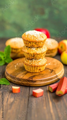 Stacked muffins, topped with sugar, on a wooden board, surrounded by fresh ingredients