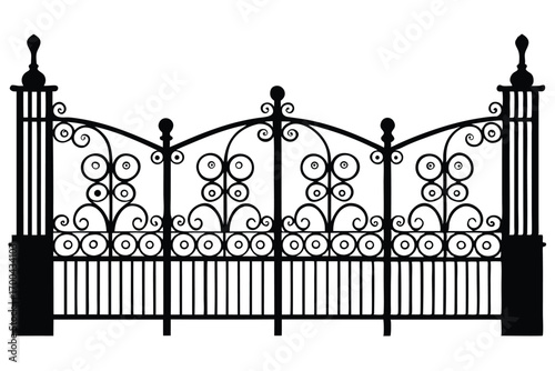 Ornate Black Iron Gate with Scrollwork, Circles, and Vertical Bars Illustration