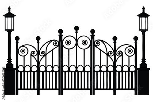 Black Silhouette of Ornate Gate with Scrolls and Two Lanterns Illustration Style