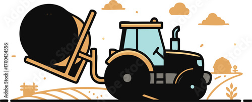 Illustration Vector of a Tractor Carrying Hay Bales with Agricultural Landscape in a Modern Cartoon Style