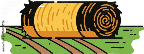 Vector Illustration of Hay Bale on Farm Land in a Simple Style with Green and Brown Colors