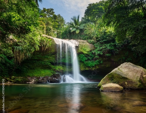 serene waterfall cascading over rocks into a calm river surrounded by lush green tropical trees and plants